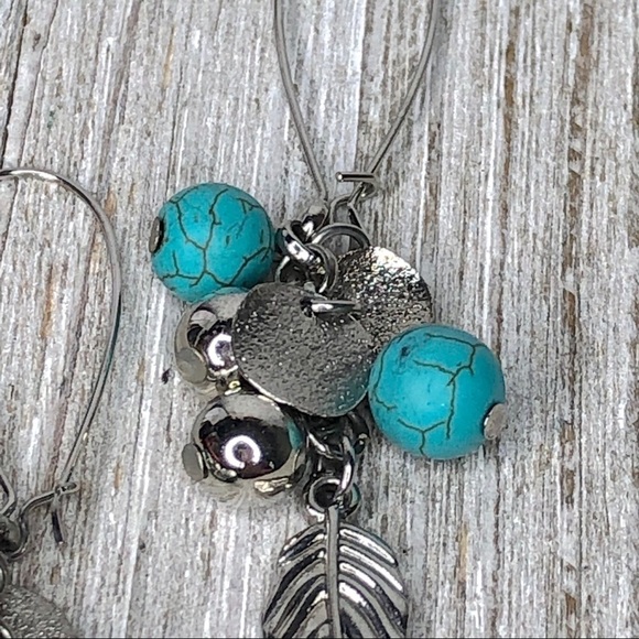 Faux Turquoise and Silver Feather Cluster Earrings - Picture 6 of 6